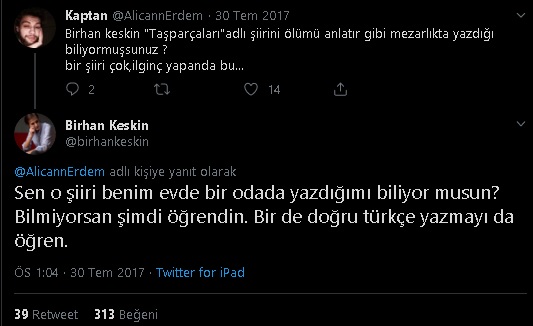 Birhan Keskin'in Taş Parçaları Başlıklı Şiirini Mezarlıkta Yazdığını İddia Eden Tweet ve Keskin'in Bahsi Geçen Paylaşıma Yanıtı