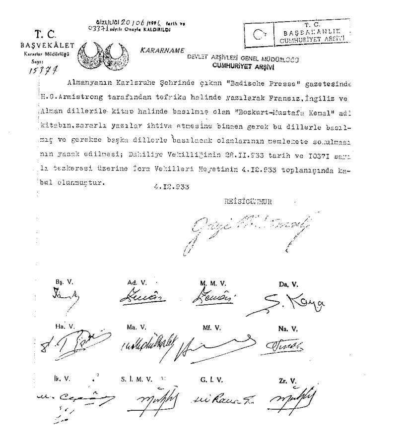 H.C. Armstrong'un Bozkurt adlı kitabının Türkiye'ye girişini yasaklayan 4 Aralık 1933 tarihli Bakanlar Kurulu Kararı