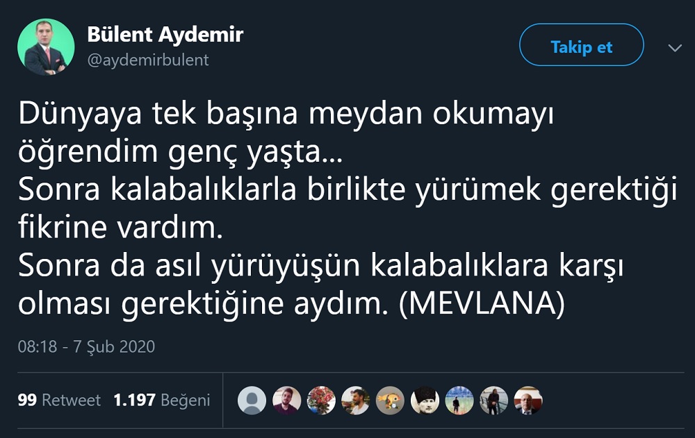 Bülent Aydemir'in Can Dündar'a ait sözleri Mevlana'ya atfettiği paylaşımı