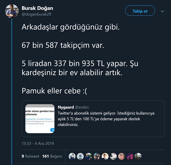 Yeni Şafak'ta gazetecilik yapan Burak Doğan'ın Twitter'a abonelik sisteminin geleceğini sandığı tweeti