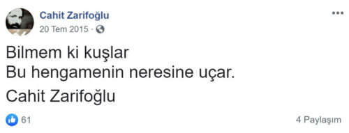 cahit zarifoğlu bilmem ki kuşlar bu hengamenin neresine uçar