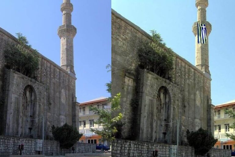 cami minaresine yunanistan bayrağı