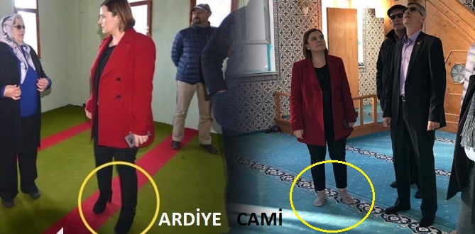 Camiye ayakkabıyla girildiği iddia edilen ardiye bölümününden fotoğraf ve camide ayakkabıların çıkarıldığını gösteren fotoğraf