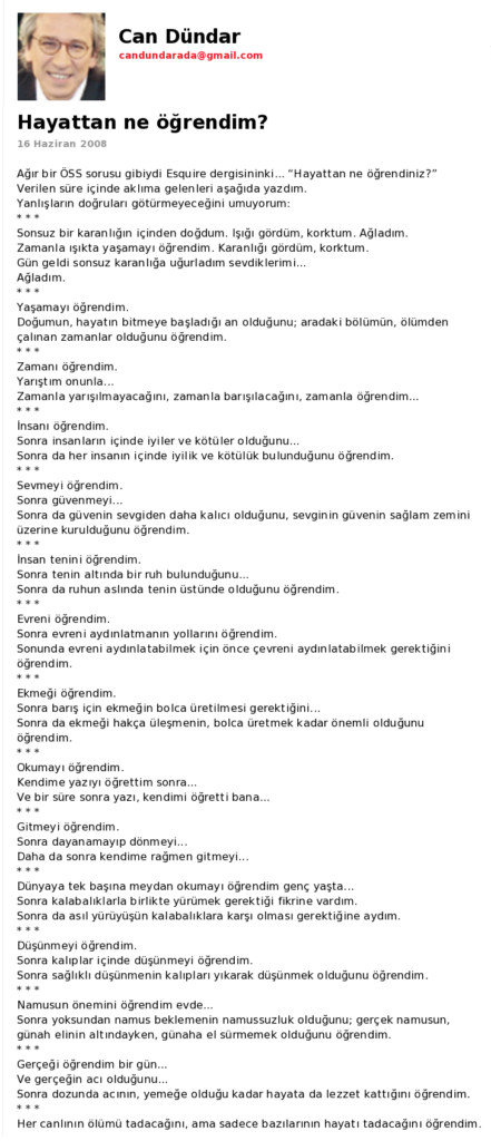 Can Dündar'ın Milliyet Gazetesi'nde 16 Haziran 2008 tarihinde yayınlanan "Hayattan ne öğrendim" başlıklı yazısı