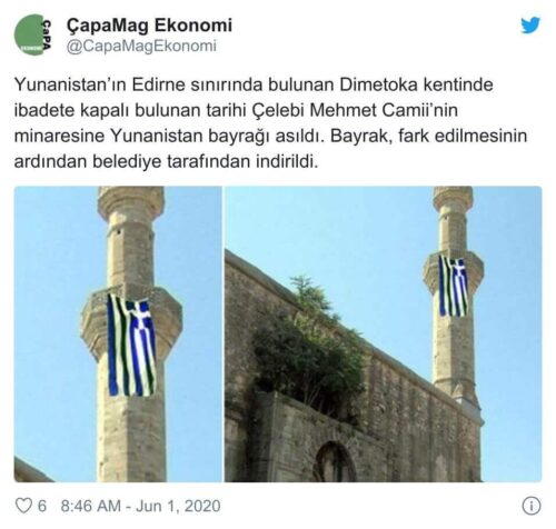 camisinin minaresine Yunanistan bayrağı asıldı