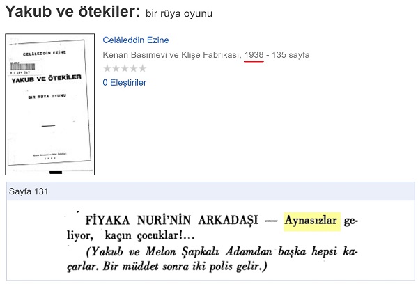 Celâleddin Ezine "Yakup ve Ötekiler" adlı kitabında polisler için aynasız atfının yer aldığı bölüm