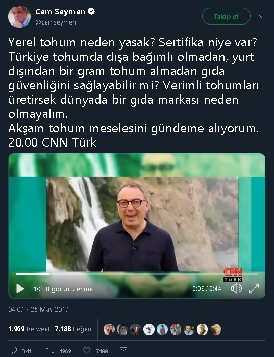 Cem Seymen'in yerli tohumun yasak olduğu iddiasına yer verdiği tweeti