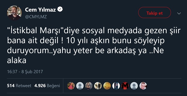 Cem Yılmaz'ın İstikbâl Marşı adlı şiirin kendisine ait olmadığını belirttiği paylaşımı