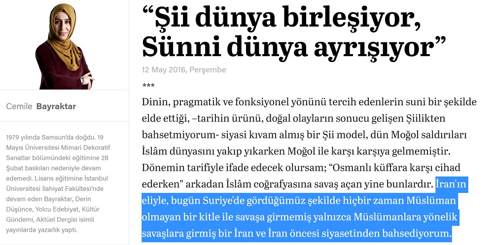 Cemile Bayraktar, Yeni Şafak'ta 12 Mayıs 2016 günü yayınlanan “Şii dünya birleşiyor, Sünni dünya ayrışıyor” başlıklı yazısı