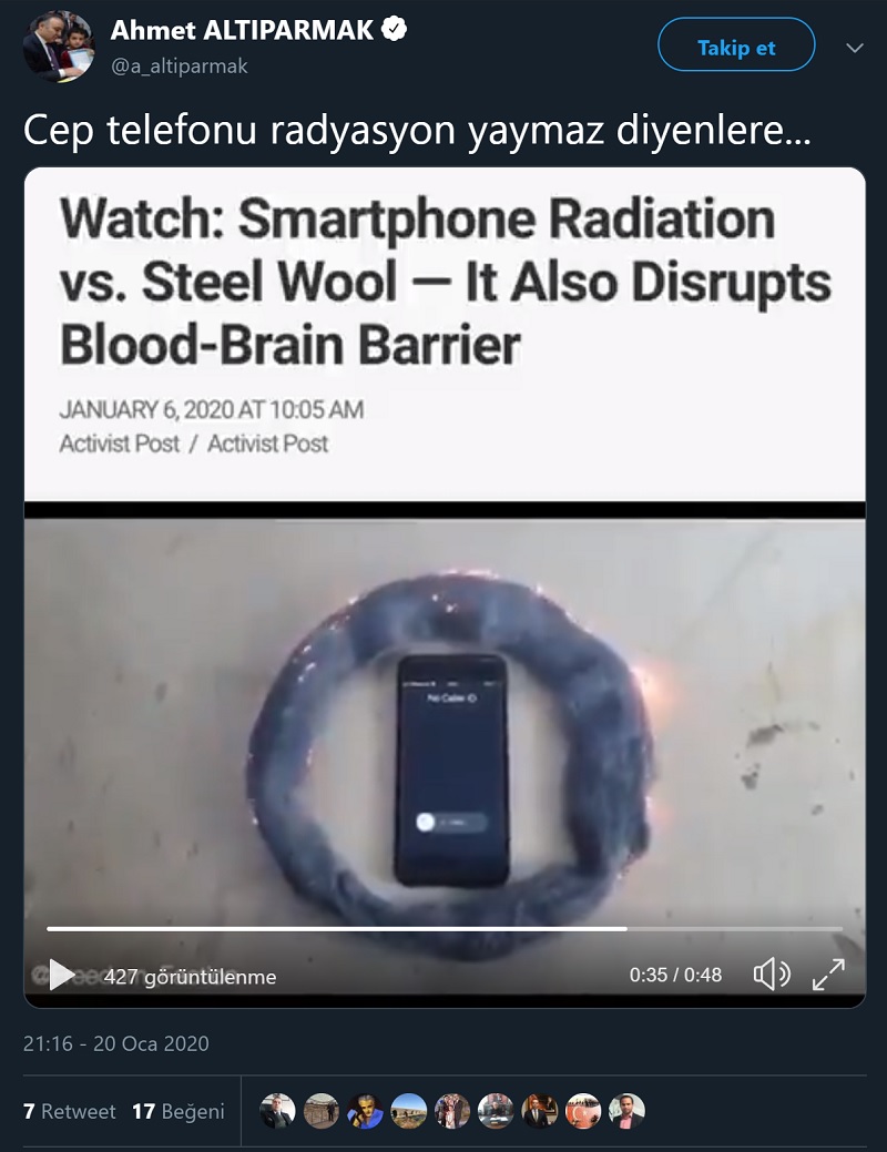Cep telefonunun yaydığı radyasyonla çevresindeki cisimlerin ateş almasını sağladığını gösterdiği öne sürülen videoyu içeren paylaşım