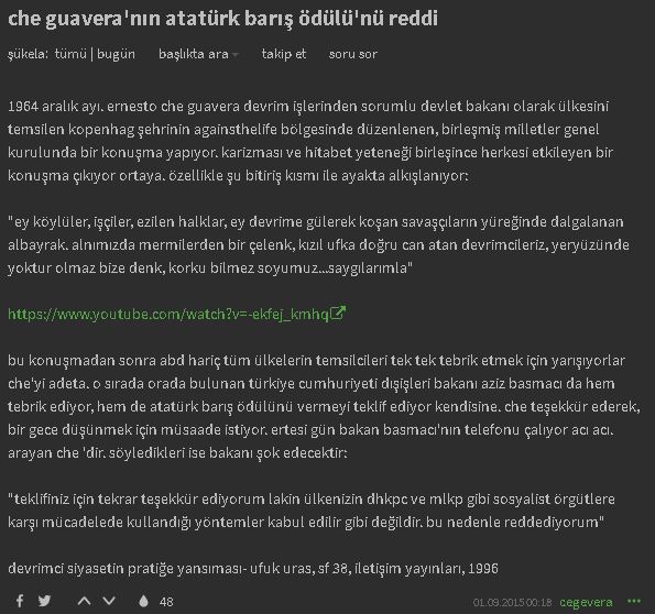 Che Guavera'nın Atatürk Barış Ödülünü reddettiğine dair uydurmayı içeren Ekşi Sözlük girdisi