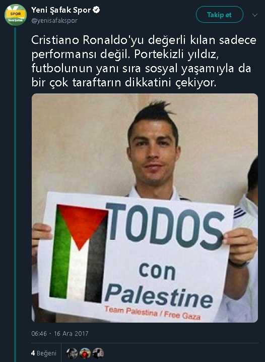 Christiano Ronaldo'nun Filistin'e destek mesajı içeren pankartla fotoğraf çektirdiğini iddia eden tweet