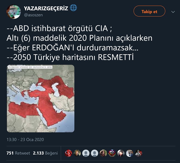 CIA'nın 2040 / 2050 Türkiye haritası sanılan görseli içeren paylaşım