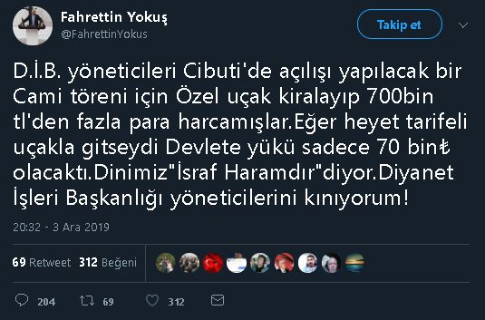İYİ Parti Milletvekili Fahrettin Yokuş'un Cibuti'deki cami açılışı için Diyanet heyetinin özel uçak kiralayarak 744 bin TL harcama yaptığı iddiasını içeren tweet