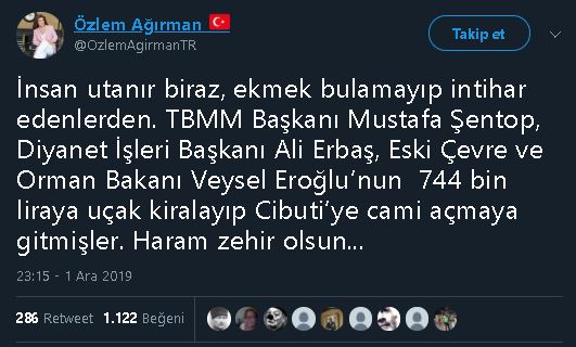 Gelişim ve Demokrasi Partisi Kuruluş Çalışmaları Platform Kurucusu Özlem Ağırman'ın Cİbuti ziyareti için 744 bin TL'lik uçak kiralandığı iddiasını içeren tweeti