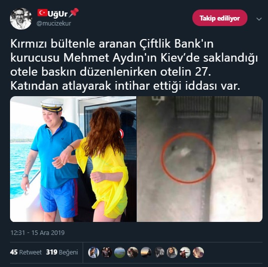 Mehmet Aydın'ın Kiev'de 27. kattan atlayarak intihar ettiğine dair iddiayı içeren tweet