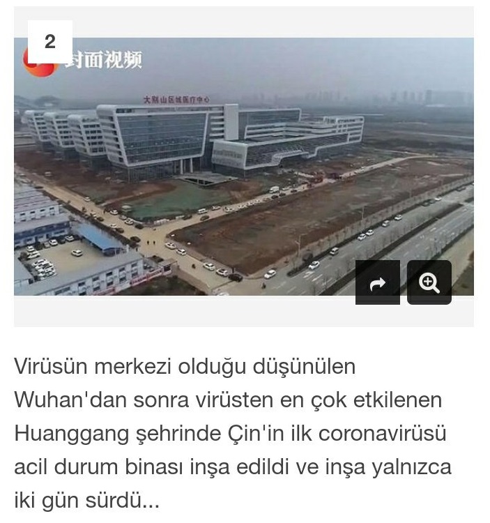 Çin'in Wuhan şehrinde sadece 2 günde hastane inşa ettiği iddiasını içeren haber görseli