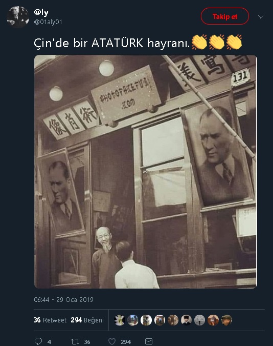 "Çin'de bir Atatürk hayranı" başlığıyla montajlanmış fotoğrafı paylaşan tweet