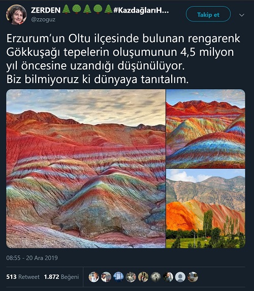 Çin'deki gökkuşağı dağlarına ait fotoyu Erzurum'daki gökkuşağı tepelerine ait olduğu iddiasıyla paylaşan tweet