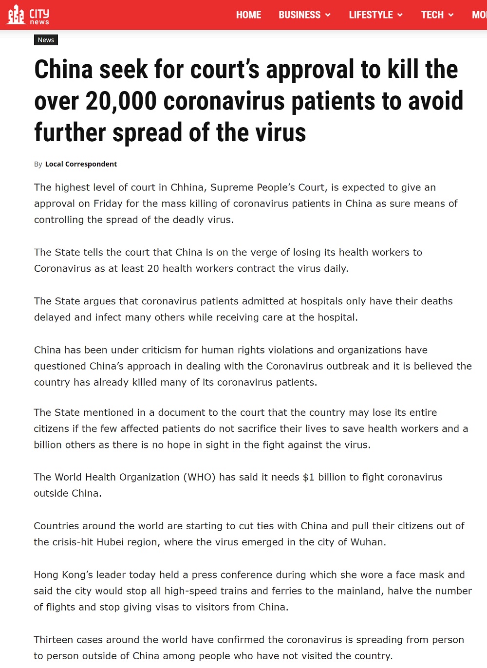 İddianın kaynağı olan "AB-TC City News" adlı adlı internet sitesinde 5 Şubat 2020'de yayınlanan "Çin, virüsün daha fazla yayılmasını önlemek için mahkemeden 20.000'den fazla koronavirüs hastasını öldürme onayı istiyor" başlıklı yazı