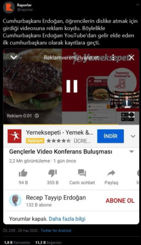 Cumhurbaşkanı Erdoğan'ın Youtube kanalına reklâm
