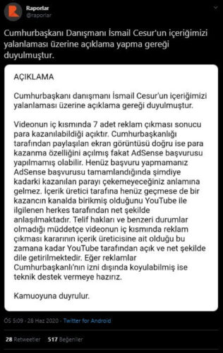 Cumhurbaşkanı Erdoğan'ın Youtube kanalına reklâm alındığı iddiası
