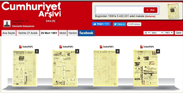 Cumhuriyet Gazetesinin 25 Mart 1961 tarihli nüshasının ilk 2 sayfası dijital arşivlerinde görülemiyor