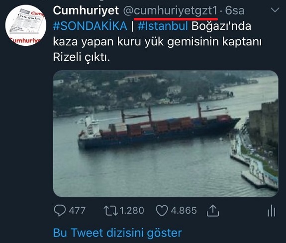 Cumhuriyet Gazetesine ait sanılan parodi hesaptan yapılan İstanbul Boğazı'nda kaza yapan geminin kaptanının Rizeli çıktığına dair paylaşım