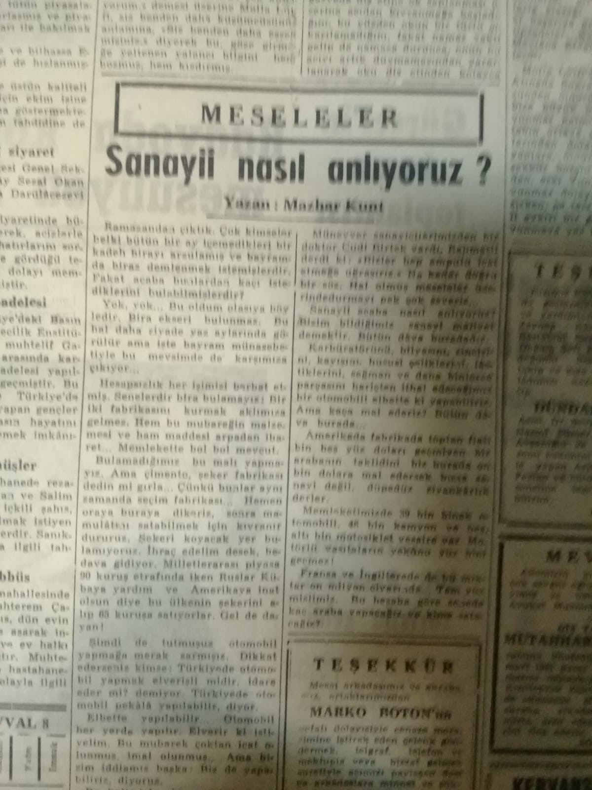 Mazhar Kunt'un Cumhuriyet Gazetesindeki 25 Mart 1961 tarihli "Sanayii Nasıl Anlıyoruz" başlıklı yazısı