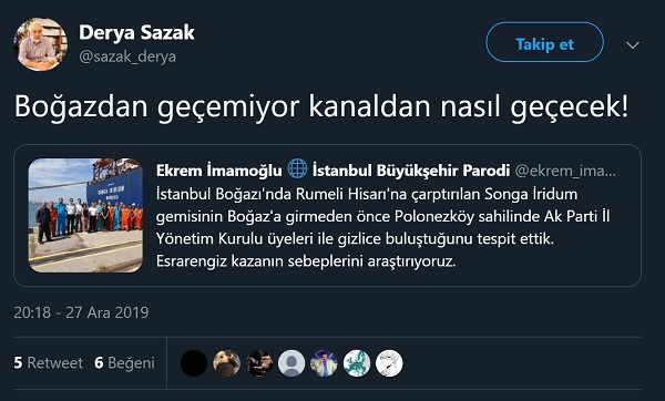 Derya Sazak, Ekrem İmamoğlu'nu taklit eden bir parodi hesaptan atılan tweeti paylaşmıştı