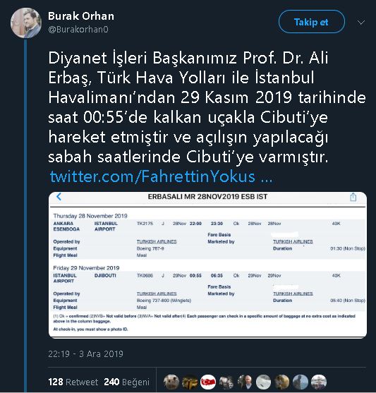 Diyane İşleri Başkanlığı Baısn Müşaviri Burak Orhan'ın DİB Başkanı Ali Erbaş'ın Cibuti Uçuşuyla İlgili Açıklaması