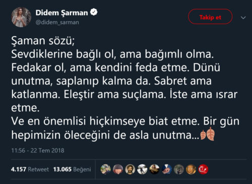 Didem Şarman'ın şaman atasözleri olduğu iddiasıyla paylaştığı sözler aslında Mehmet Coşkundeniz'e ait