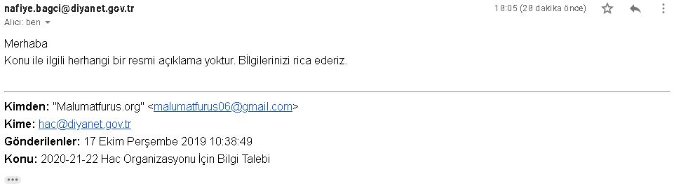 Diyanet İşleri Başkanlığından alınan Suudi Arabistan'ın Türkiye'ye yönelik hac ambargosu iddiasına dair teyit iletisi