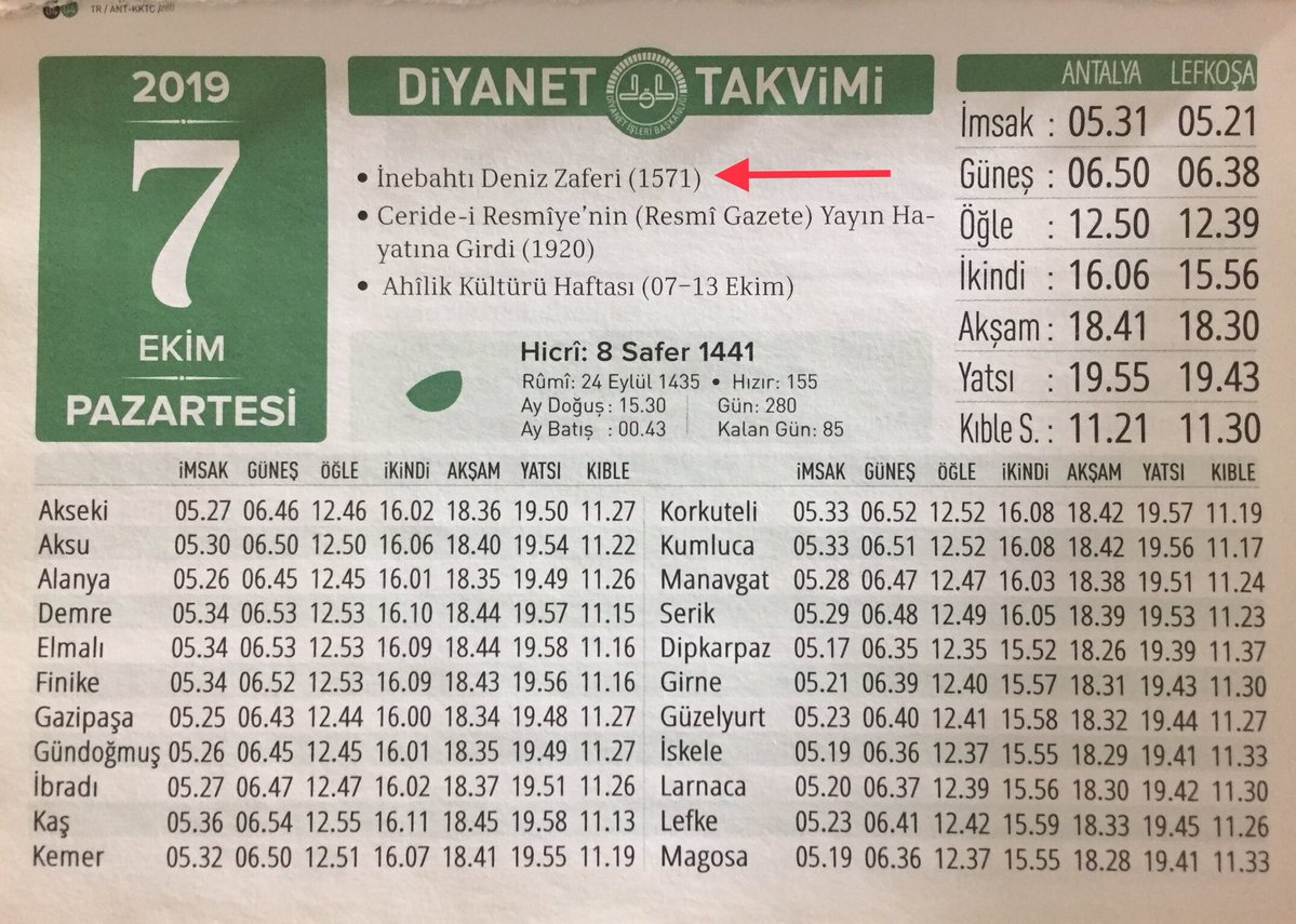 Diyanet takviminde 7 Ekim tarihinin "İnebahtı Deniz Zaferi" olarak aktarıldığı görülüyor.