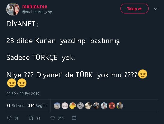Diyanet'in 23 dilde Kur'an bastırıp, Türkçe Kur'an bastırmadığı iddiasını içeren tweet