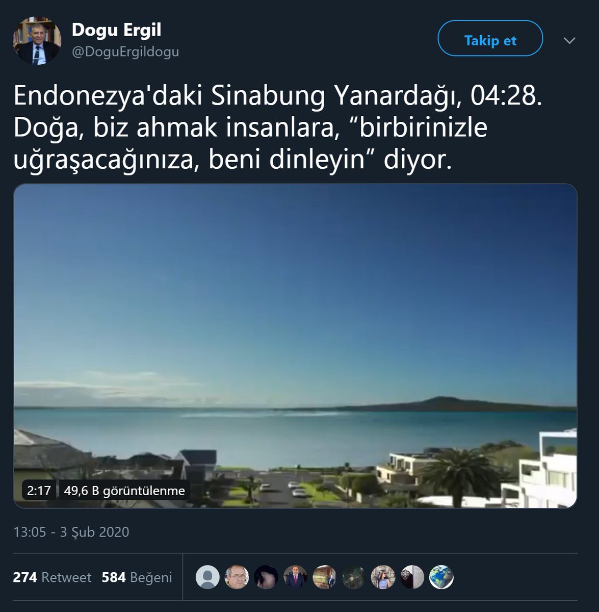 Doğu Ergil 3 Şubat 2020 tarihli bir tweetinde Sinabung Yanardağı'nın patlama anına ait sanılan videoyu paylaşmıştı