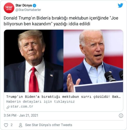 donald trump'ın joe biden'a yazdığı sanılan sahte mektubu haberleştiren paylaşım