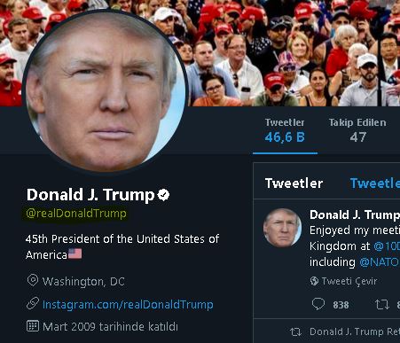 ABD Başkanı Donald Trump'ın Twitter hesabının uzantısı "realDonaldTrump" şeklindedir