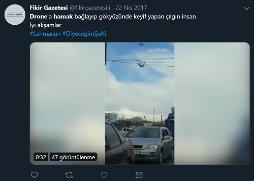 Drone ile hamakta kendini uçuran bir kişiye ait sanılan videoyu içeren paylaşım