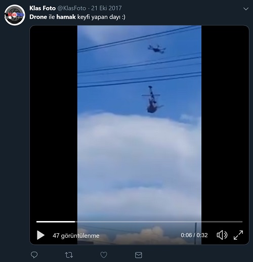 Drone ile hamakta kendini uçuran bir kişiye ait sanılan videoyu içeren paylaşım