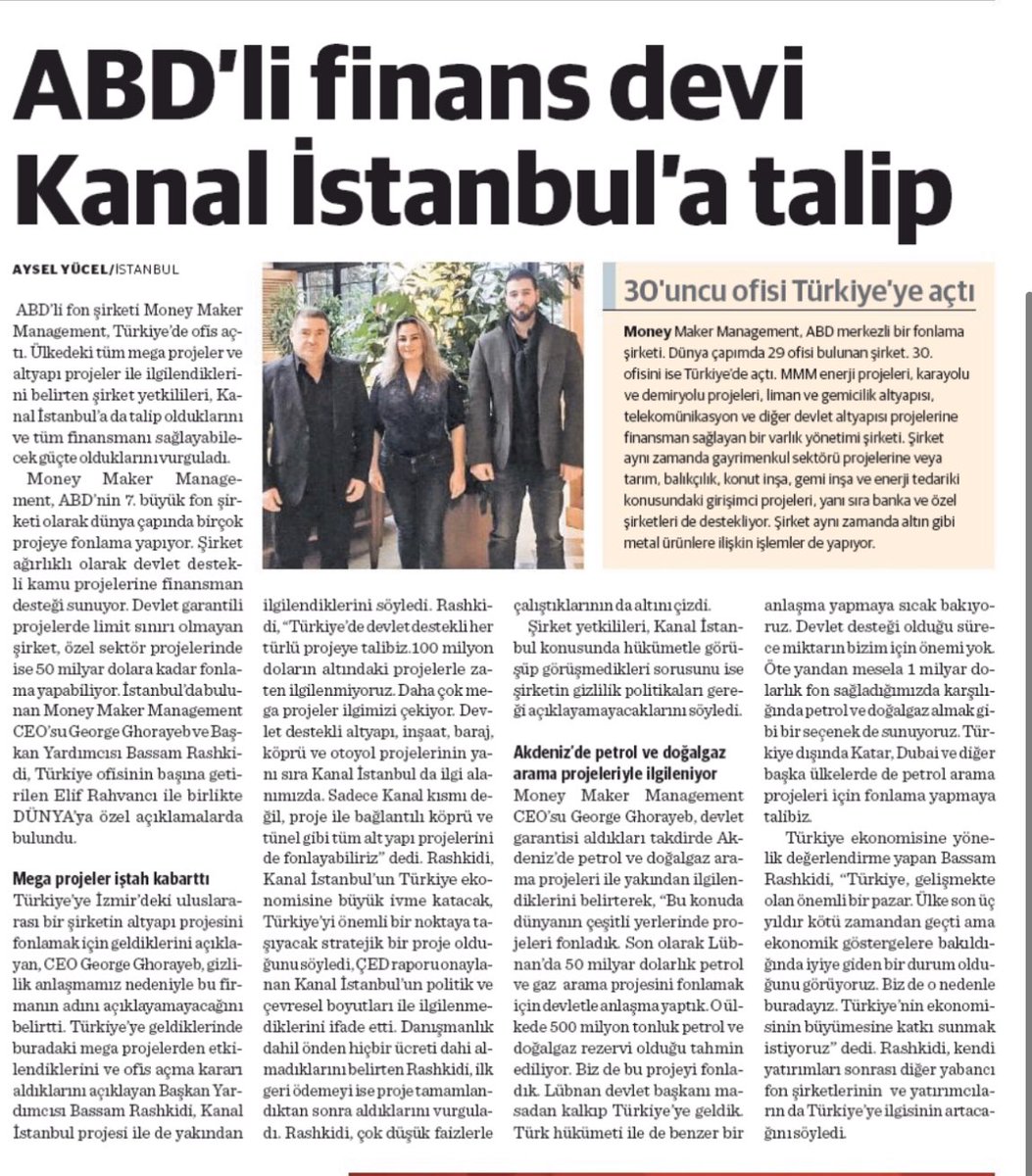 Dünya Gazetesinin "ABD’li finans devi Kanal İstanbul’a talip" başlığıyla 20 Ocak 2020 günü yayınladığı haber