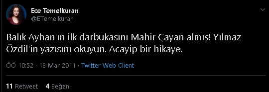 Ece Temelkuran'ın Balık Ayhan'ın ilk darbukasını Mahir Çayan'ın aldığına dair iddiayı paylaştığı tweeti
