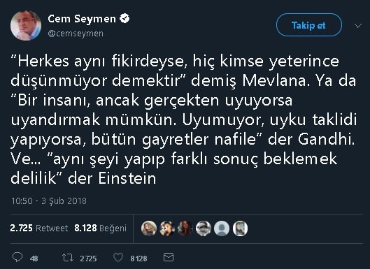 Cem Seymen'in "Delilik, Aynı Şeyi Tekrar Tekrar Yapıp Farklı Sonuçlar Beklemektir" Sözünün Albert Einstein'a Ait Olduğunu İddia Ettiği Tweeti