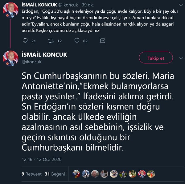 İsmail Koncuk'u "ekmek bulamıyorlarsa pasta yesinler" sözünün Fransa Kraliçesi Marie Antoniette'e ait olduğunu öne sürdüğü paylaşımı