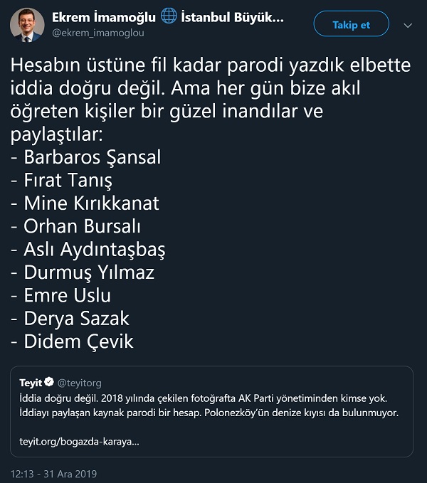 Ekrem İmamoğlu parodi Twitter profilinden, yaptığı trollemeye ilişkin yapılan açıklama