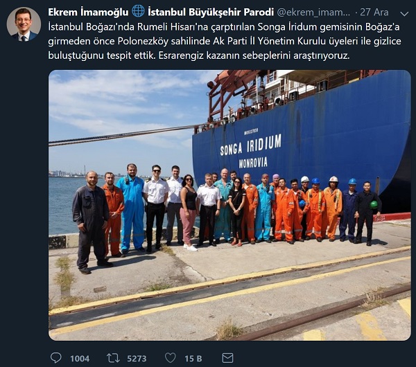 Ekrem İmamoğlu'nu taklit eden bir parodi hesaptan yapılan İstanbul Boğazı'nda kaza yapan gemi personelinin kazadan önce Ak Partili yetkililerle görüşme yaptığı iddiasını içeren paylaşım İmamoğlu'nu taklit eden bir parodi hesabın uydurmasıydı