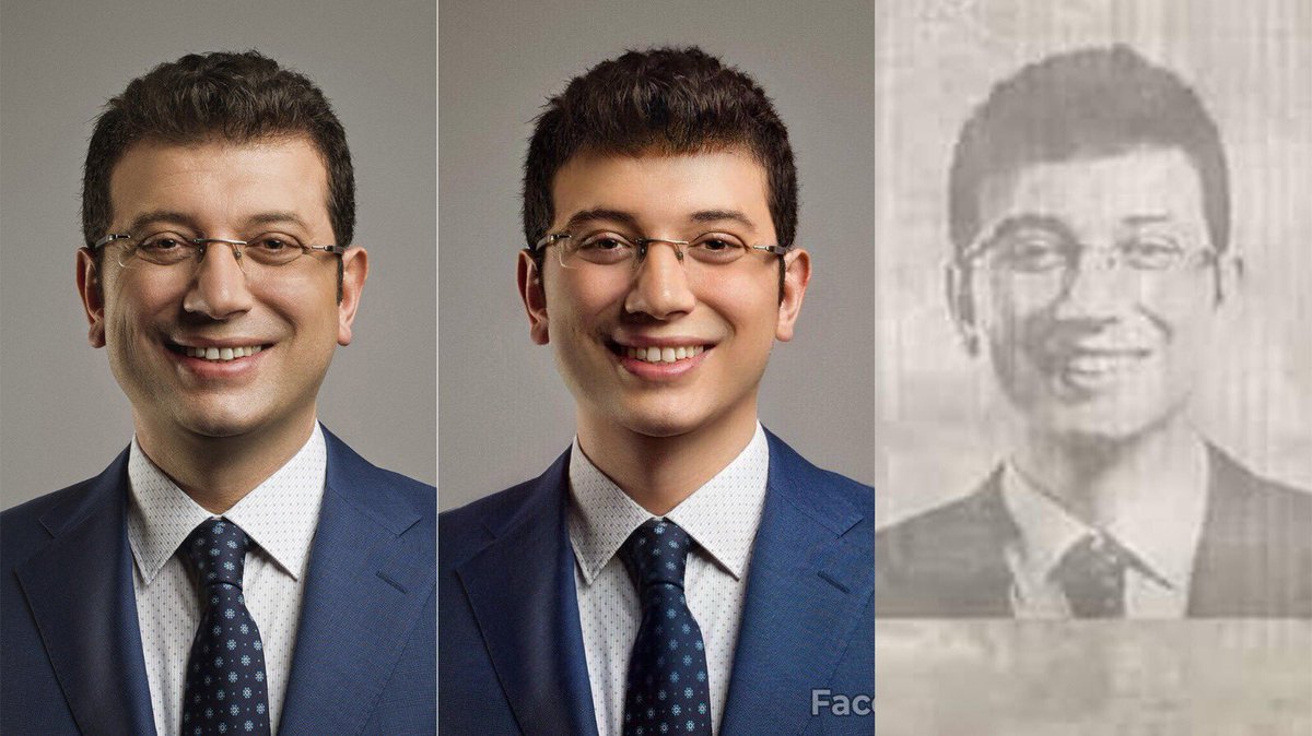 Ekrem İmamoğlu'nun 2013 yılında Mehmet Turgut tarafından çekilen fotoğrafı üzerinde bir uygulama vasıtasıyla yapılan gençleştirme ve eskitme işlemi