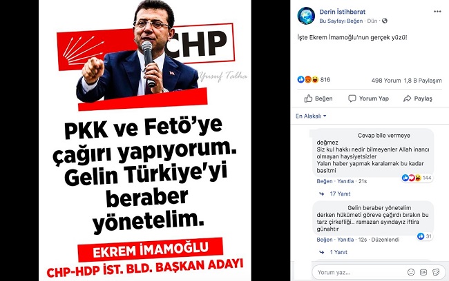 Ekrem İmamoğlu'nun "PKK ve FETÖ’ye Çağrı Yapıyorum Türkiye’yi Beraber Yönetelim" Dediği İddiasını İçeren Paylaşım