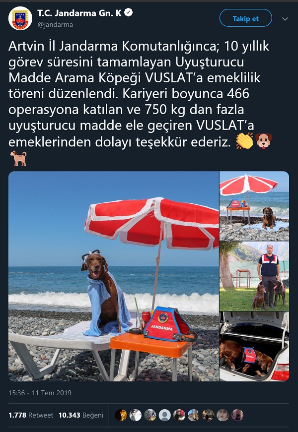 Jandarma Genel Komutanlığı, 10 yıllık görev süresini tamamlayan uyuşturucu madde arama köpeği için emeklilik töreni düzenlenlemişti.