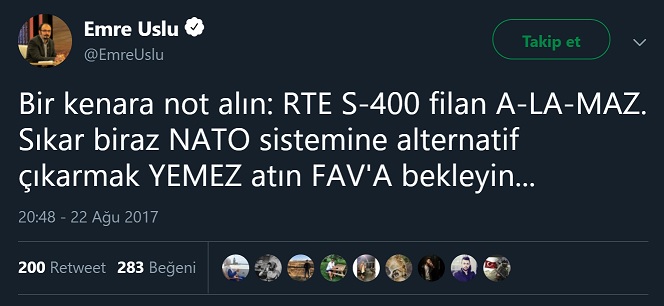 Emre Uslu'nun S-400 sisteminin alınamayacağını öne sürdüğü tweeti